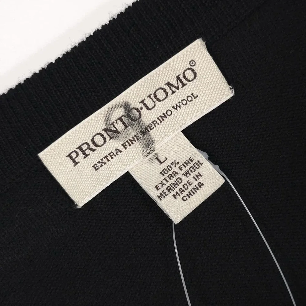 PRONTO UOMO Men's Sweater LARGE Black EXTRA FINE MERINO WOOL V-neck‎ Pullover
